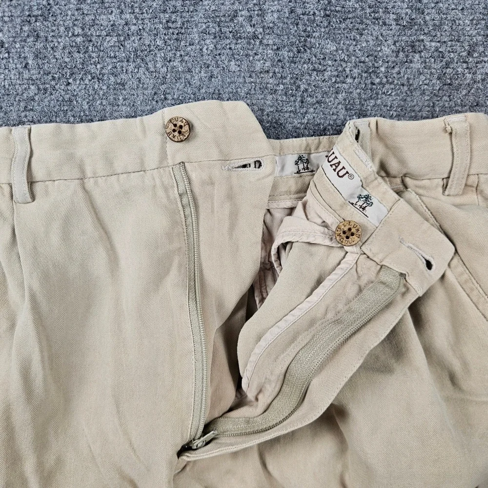 LUAU Mens 34 Silk Pleated Trousers Tan Khaki Herringbone Relaxed Island Pants